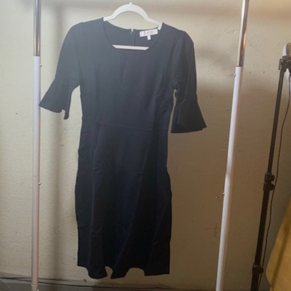 Lark & Ro Women's Navy 1/2 Ruffle Sleeve Back Zip Midi Dress 2 NIB - Picture 1 of 7